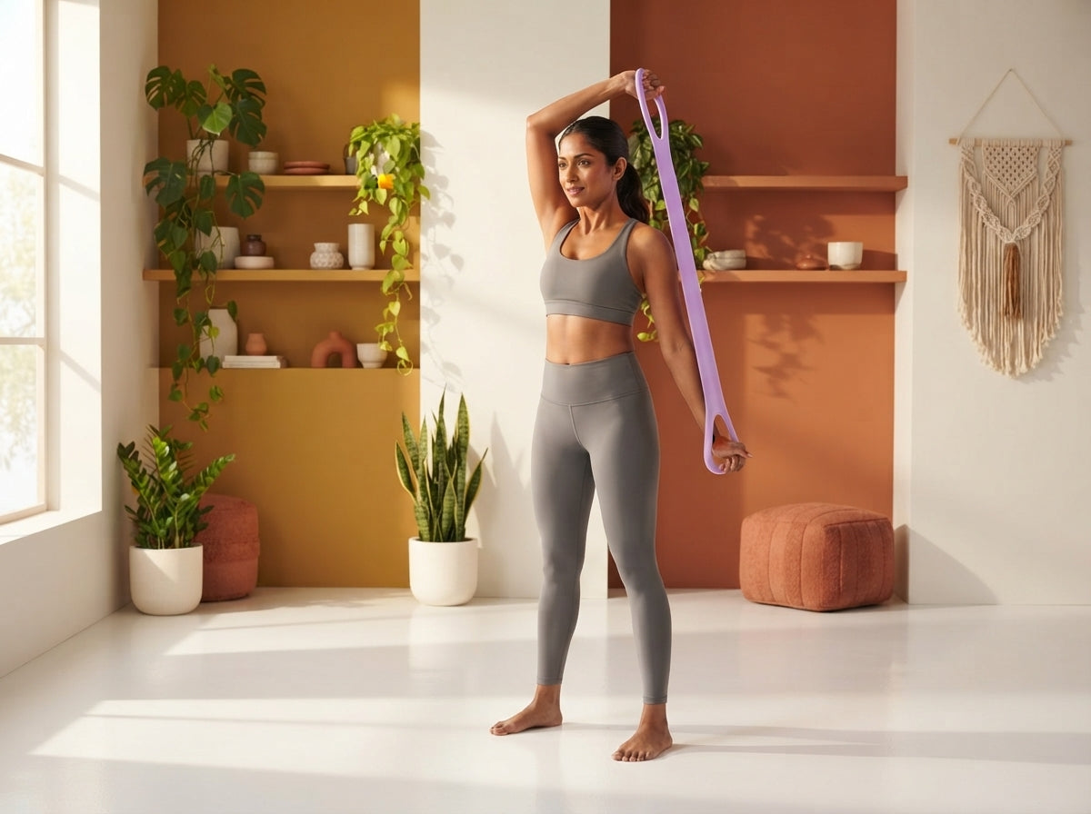 A South Asian woman performing a toning exercise with a Figure 8 resistance band in a sunlit, modern home studio.